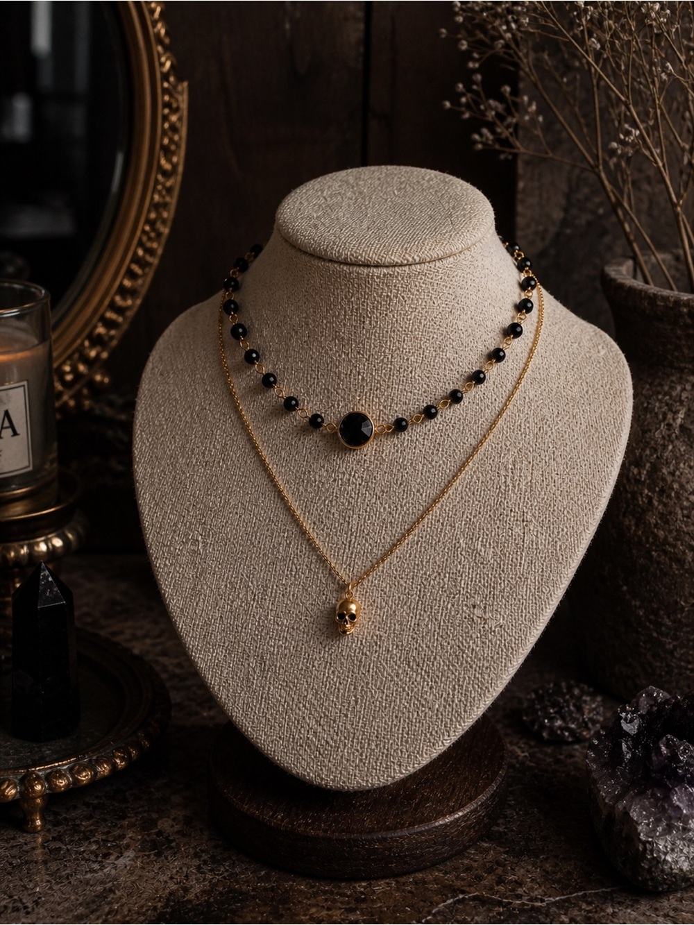 Gold Skull Pendant Layered Necklace with skull - gold filled and black onyx